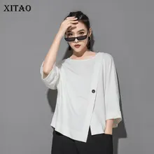 [XITAO] Новинка, Европейский Повседневный свободный короткий рукав, на пуговицах, Одноцветный, с круглым вырезом, Модный женский летний пуловер, тонкая футболка XJ1607