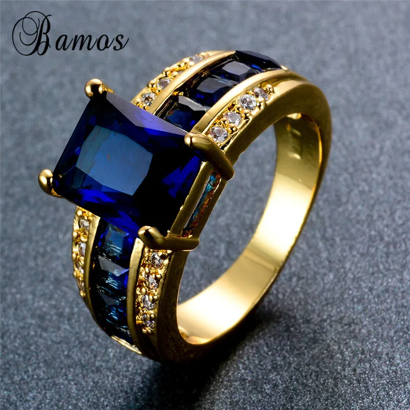 Bamos высокое качество геометрические синие кольца с камнем рождения и кубическим цирконием для женщин ретро желтое золото Заполненные обручальные кольца ювелирные изделия ry0011