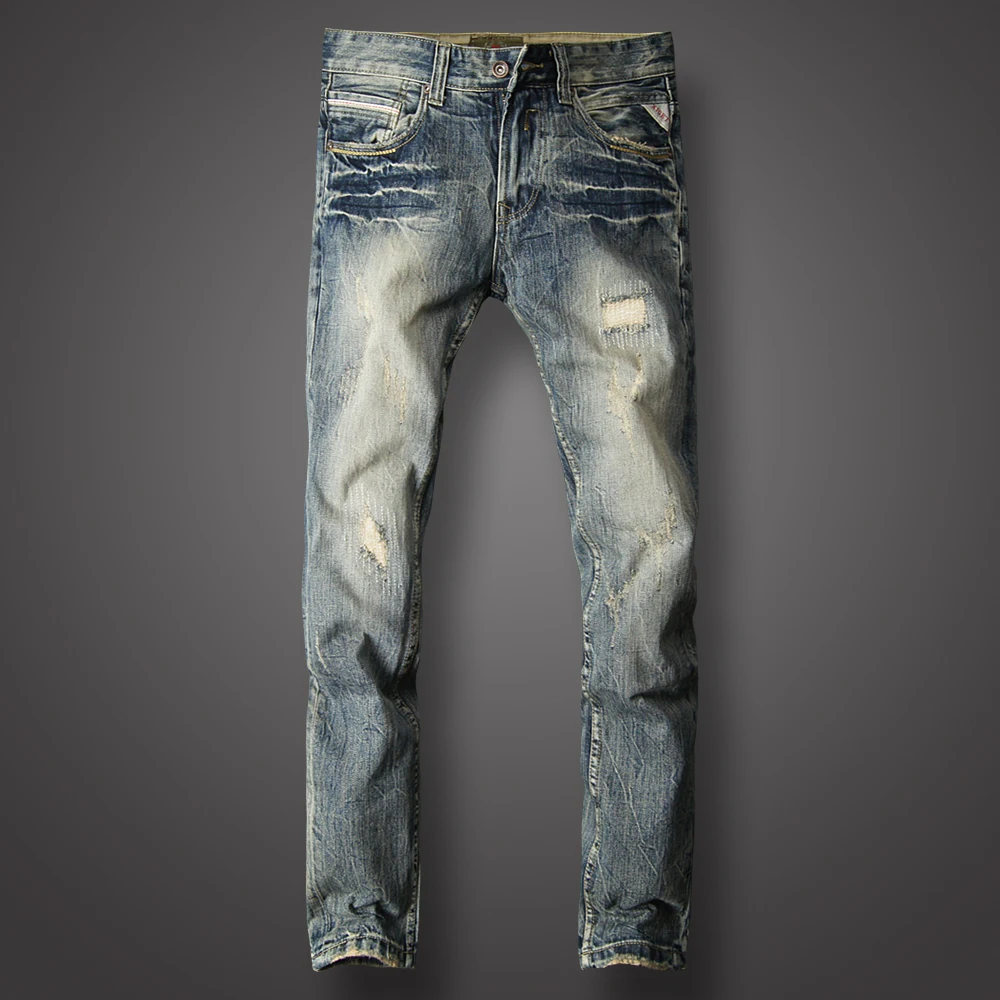 

Fashion Streetwear Men Jeans Slim Fit Retro Washed Destroyed Ripped Jeans Patch Embroidery Denim Pants Brand Classical Jeans Men