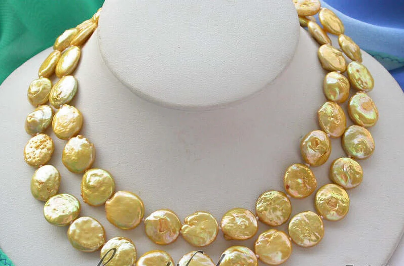 

>>>>z3325 BEAUTIFUL 31" 14mm golden coin freshwater pearl necklace