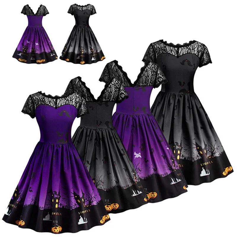 Женское и подростковое платье в готическом стиле на Хэллоуин, с принтом тыквы, летучей мыши, сексуальное кружевное платье миди с v-образным вырезом, вечерние платья для женщин