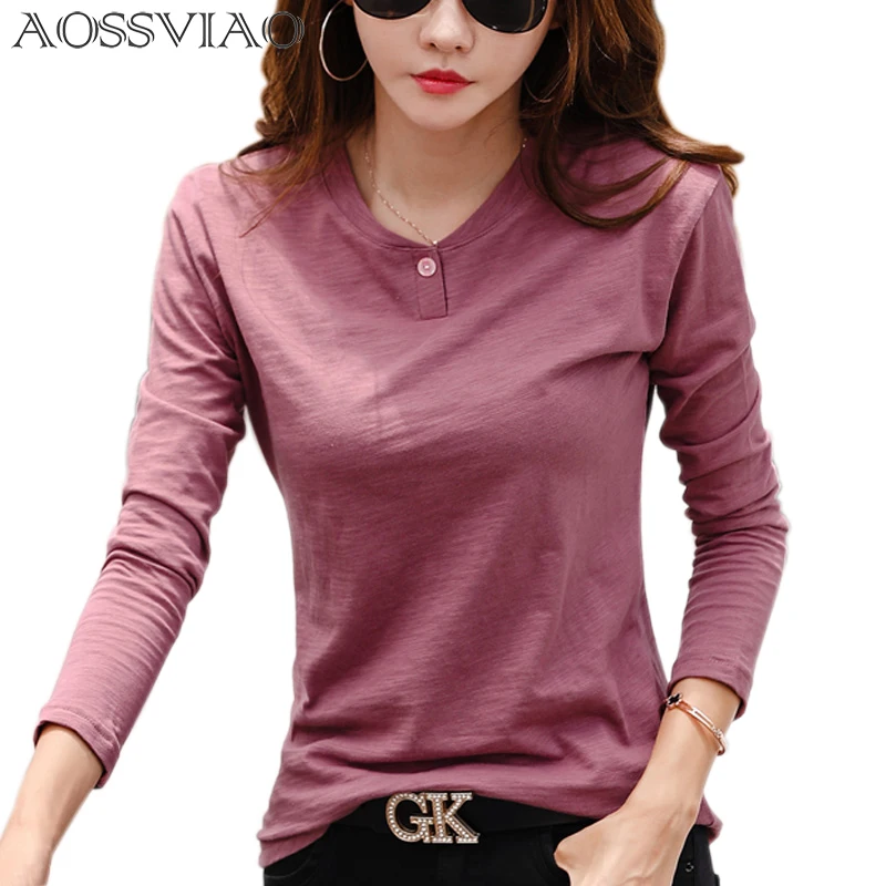 2019 Women Autumn And Winter Casual T-Shirt Fashion One Black Color 0 Neck T shirt Cotton Long Sleeve Tops Green Black White