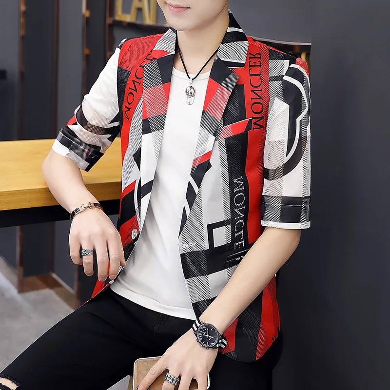 

Traje Hombre 2019 Summer Men's Short Sleeve Korean Slim Five-Sleeve Jacket Printed Striped Veste Homme Costume