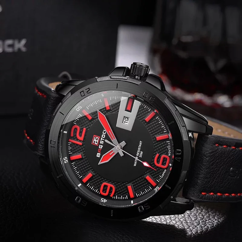 

BAGSTOCK Luxury Quartz Watches Men Calendar Display Leather Strap Waterproof Clock Man Watches Mens Fashion Watch 2018 Relojes