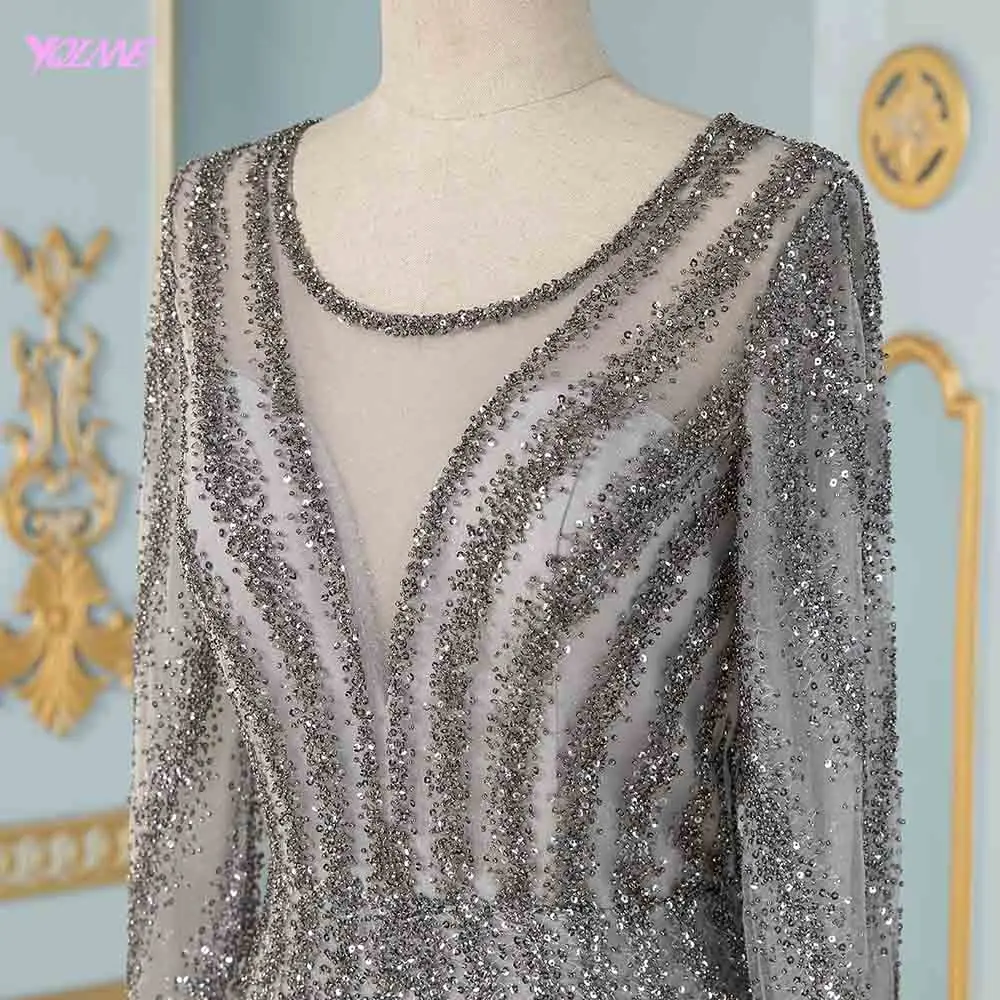 Elegant Full Sleeve Evening Dresses Long Gray Tulle Beading Mermaid Formal Women Party Dress Elegant Full Sleeve Evening Dresses Long Gray Tulle Beading Mermaid Formal Women Party Dress