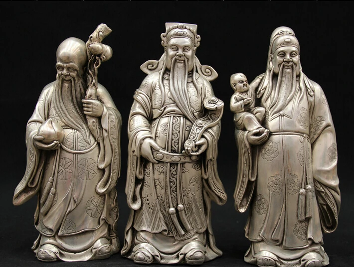 

JP S62 12" Chinese Silver 3 Longevity God Fu Lu Shou Life Ru Yi Peach Boy Statue Set