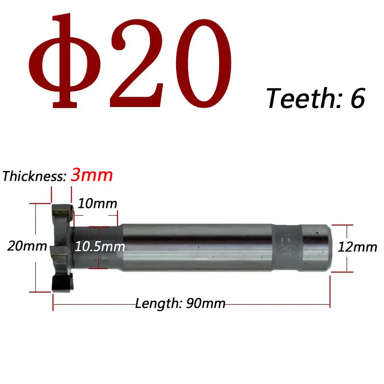 Диаметр 20 мм Карбид t-пазовая дисковая фреза, толщина резки 3-14 мм, 6 зубов, 12 мм прямой хвостовик T фреза
