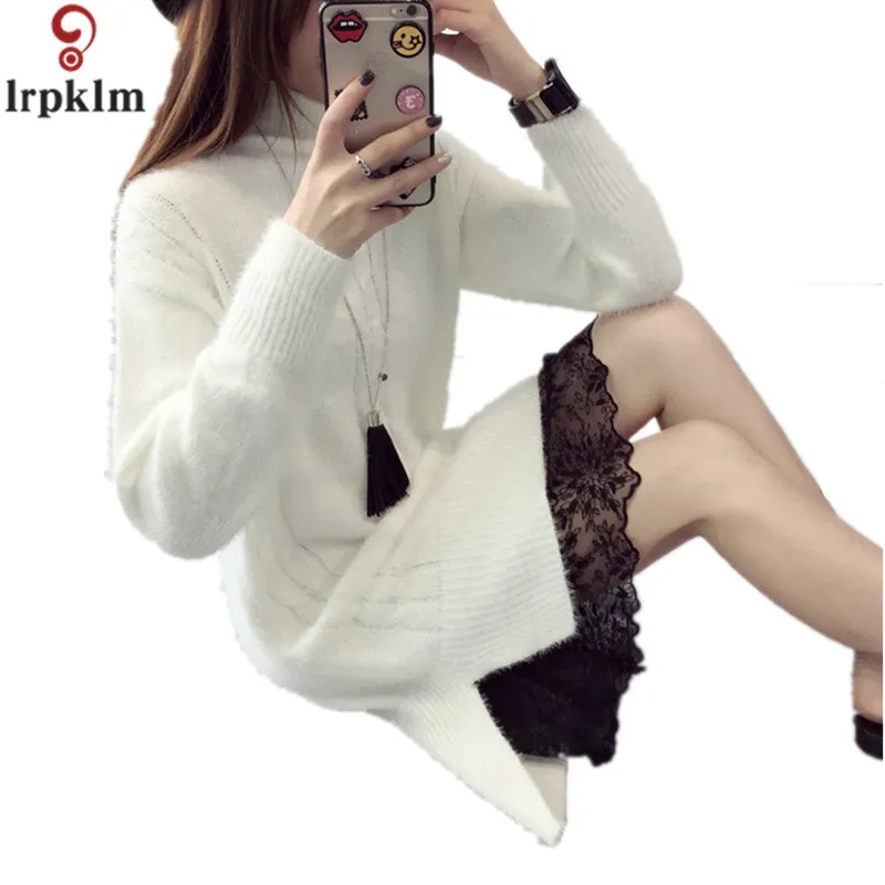 2017 Winter Autumn Women Long Sleeve Warm Lace Knitted Sweater Dresses Black White Sexy Slim Bodycon Dress Party Vestidos YY426 long-white-lace-dress