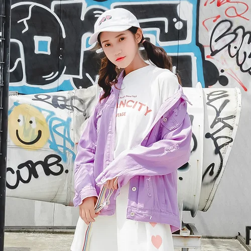 2018 bat sleeve purple Ripped Hollow Out Denim Jacket Casual Pocket Coat Autumn Winter Womens Basic Outwear Streetwear