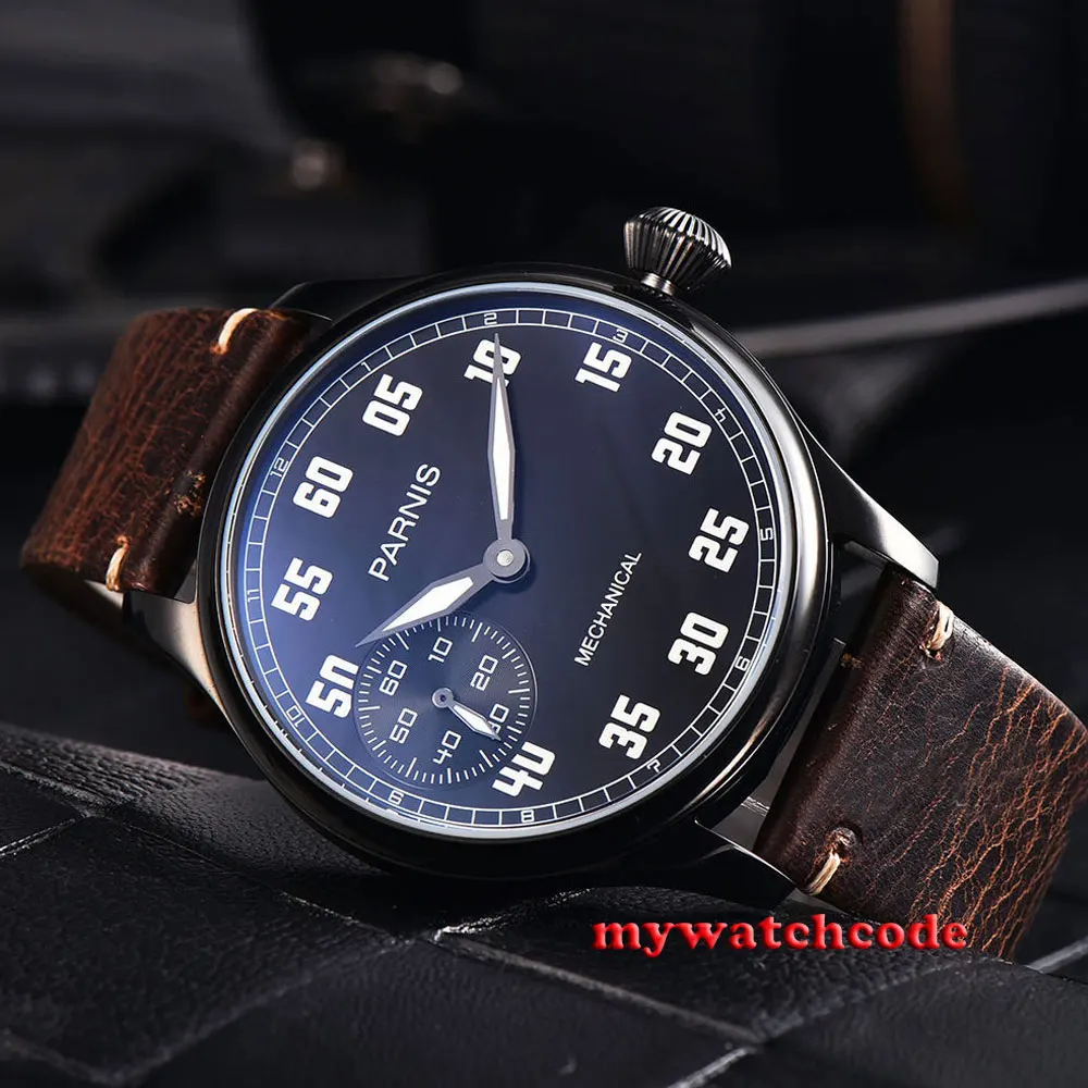 

44mm parnis black dial PVD case hand winding 6497 mechanical mens watch P793