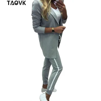 

TAOVK Women's Suits Turn-down Collar Jacket White Striped Pant two Pieces Set Pant Suits woman's sport costumes Feminine clothes