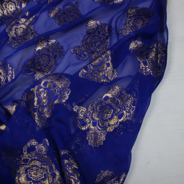 

New Super-beautiful Silk Scissored Tape Fabric Dark Blue Gold-stamped Fabric Delicately Translucent Silk Rotten Flowers