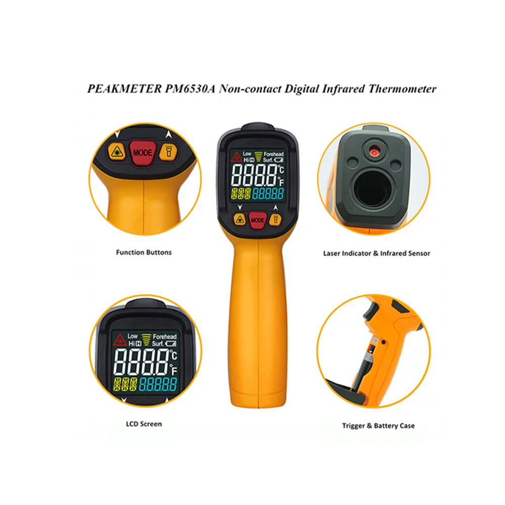 PEAKMETER PM6530A/PM6530B/PM6530C Ручной лазерный инфракрасный термометр Бесконтактный цифровой К-тип зонд Температурный пистолет 12004007