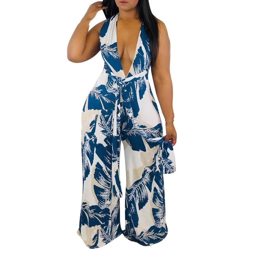 

Fashion 2019 Women Bohemian Lace Up Print Long Rompers Off Shoulder Wide Leg Jumpsuit Beach Sexy Overalls