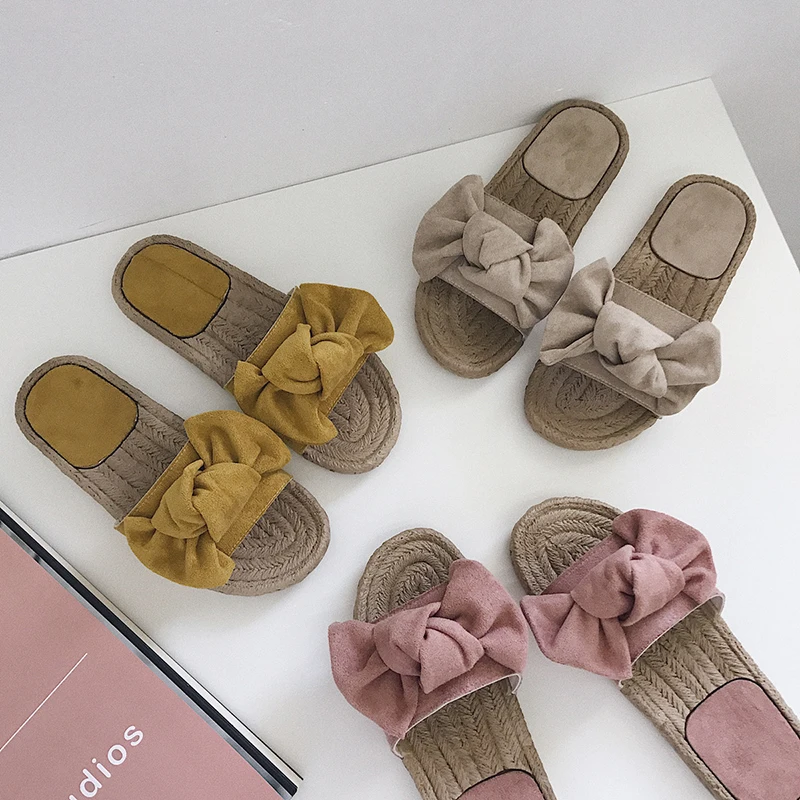 

2019 New arrivals beach bow-knot slippers girls soft heels fisherman sandals woman flock bow flat flip flops cozy shoes femme