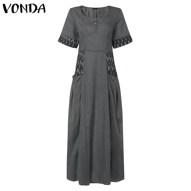 2019 VONDA امرأة خمر اللباس الصيف ماكسي اللباس عارضة الشاطئ Vestido قصيرة كم طويل فضفاض رداء مثير حزب فستان الشمس زائد حجم