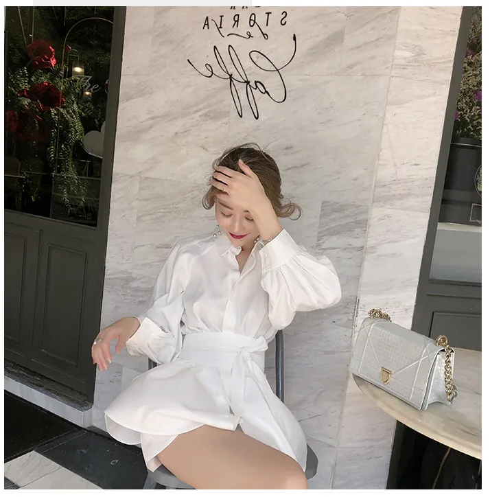 womens suit set High Quality summer fashion white long shirt casual suit female Lantern sleeve + wide leg short pant two-piece suit with belt lounge wear