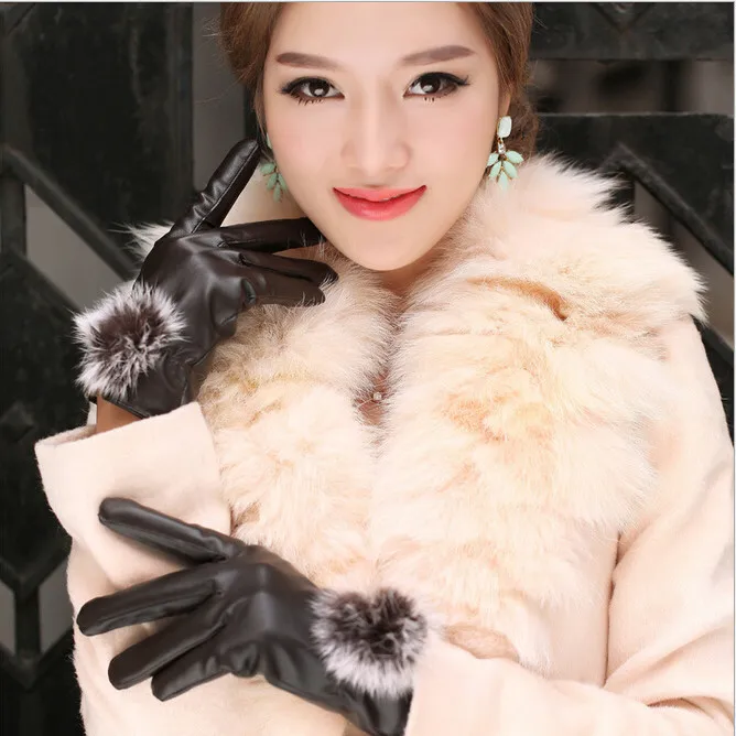 1 пара красивые меховые Шаровые перчатки из искусственной кожи для зимних перчаток брендовые перчатки Luvas женские перчатки женские теплые перчатки - Цвет: Brown
