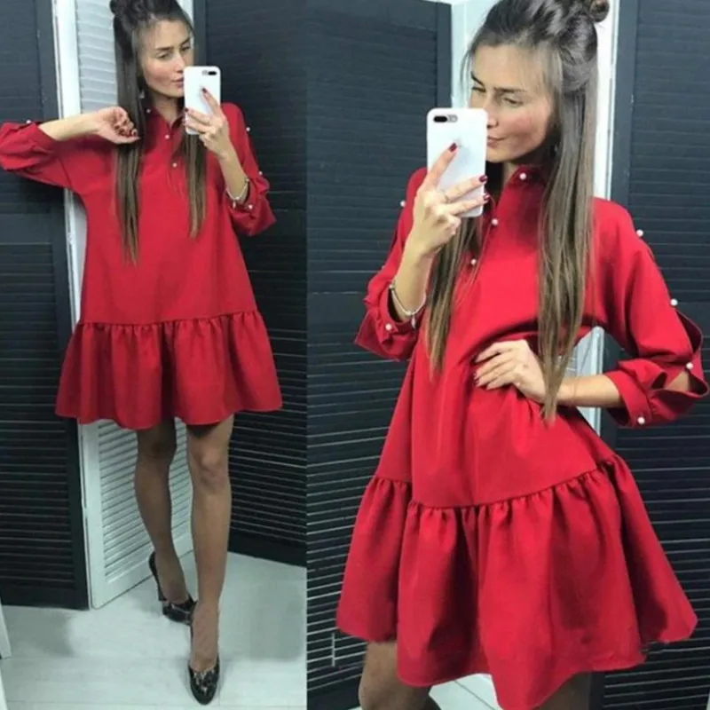 

hirigin Women's Dress Long Sleeve Stand Collar Buttoned Beading Pleated Dress Autumn Spring Casual Loose Party Short Mini Dress