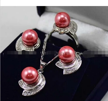 

shipping Pink Rose South sea Shell Pearl Earrings Ring & Necklace Pendant Set