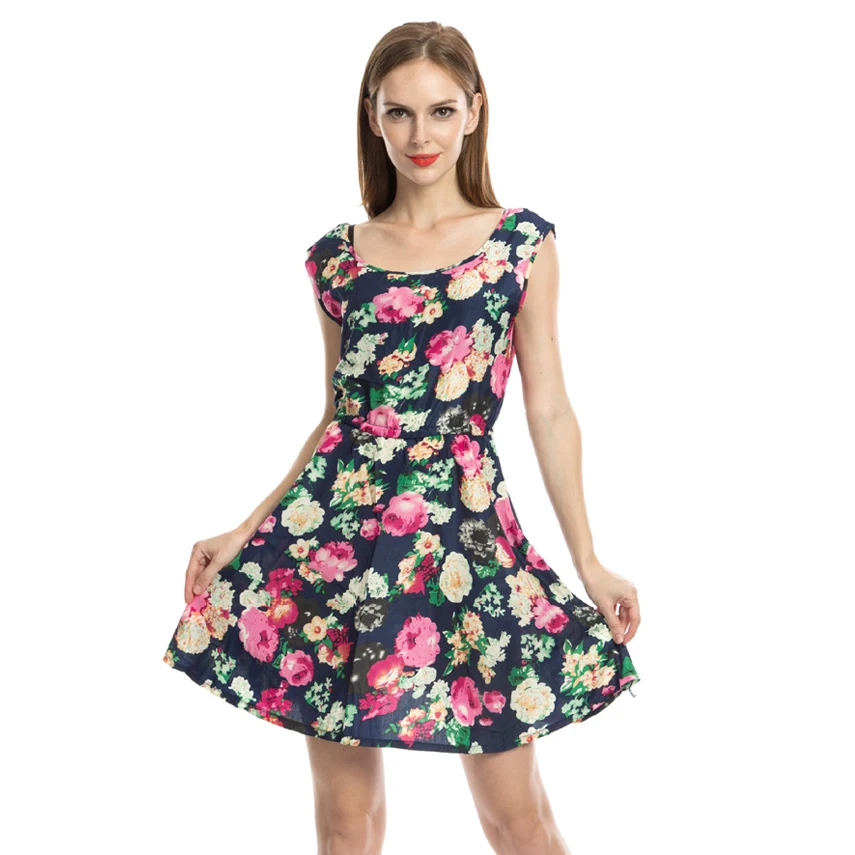 

Women flower print summer Dress Vestido feminina elastic waist sleeveless dresses sweet office wear dress plus size beach dress