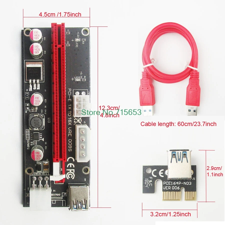 009 S PCIe Riser 1x к 16x Графика расширение для GPU добыча Powered стояка адаптера 60 см Кабель USB
