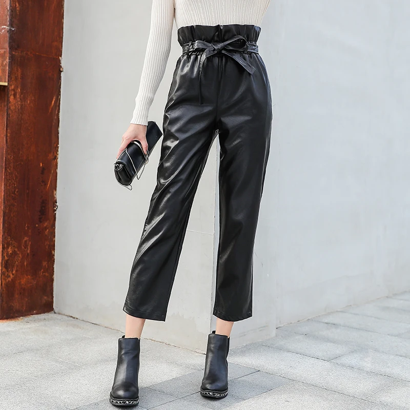 

Fashion brand great quality Bunch waist PU leather pants female high waist punk hip bag elastic waist leather trousers wqwq1117