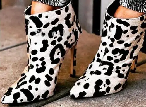 

New Spring new arrival white leopard pattern high heel ankle boots horse hair pointed toe back zipper punk boots for woman