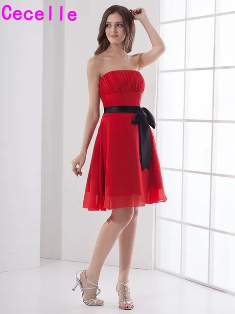Black Red Strapless Knee Length Cocktail Dresses