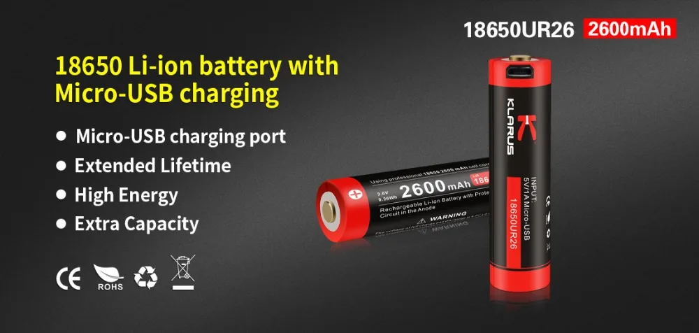 Новый Klarus Множественная защита 18650 2600 mah 3.6vLi-ion аккумулятор с зарядкой Micro-usb для светодиодного фонарика