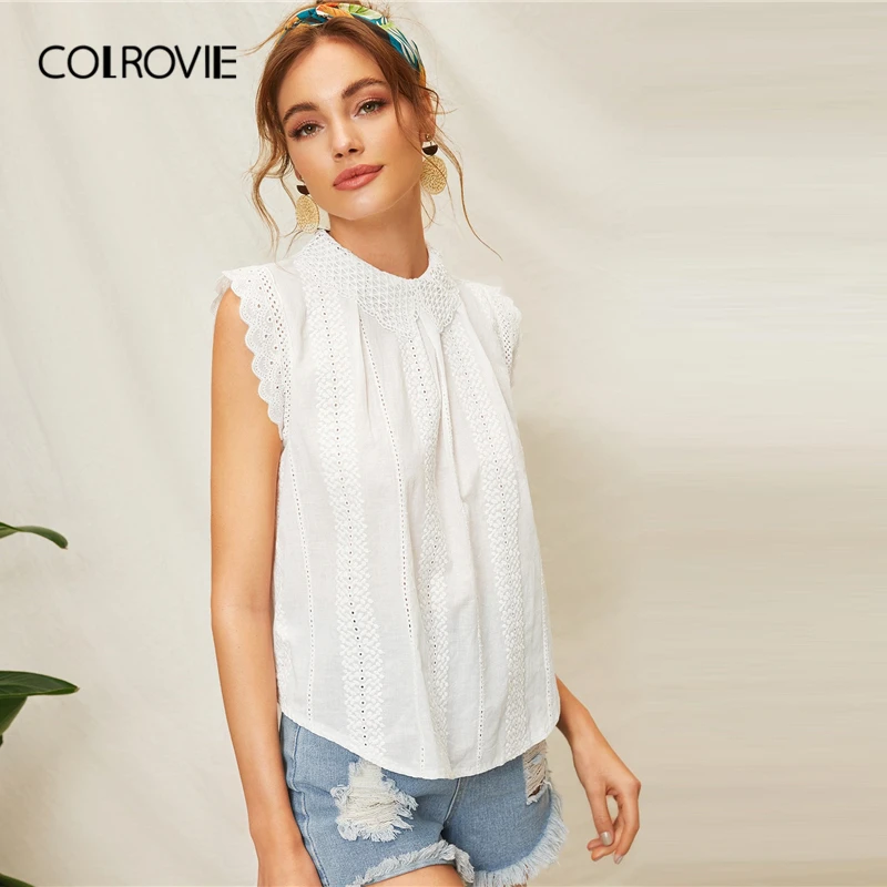 COLROVIE, бежевая кружевная панель, изогнутая, милая летняя блузка, рубашка, женская одежда,, без рукавов, повседневная, офисная, Женские топы и блузки