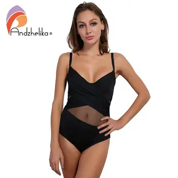 

Andzhelika 2018 Sexy Beach One Piece Swimsuit Solid Patchwork Soft cup Mesh Backless Bodysuit Bathing Suit Swim Maillot de bain