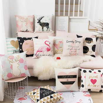 

Flamingos Pillow Cover Cushion Case Vintage Pink Deer Black Polka dots Heart Home Decorective Cushion Cover 45x45cm