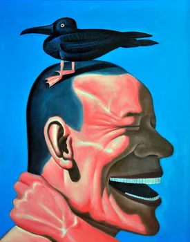 

Modern Chinese painting laugh man with one bird on his head on oil canvas for living room decor and wallpaper