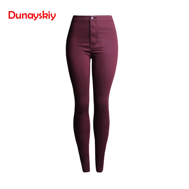 

Women's Free Shipping Burgundy Elastic Denim Jean Pants Trousers Skinny Pencil High Waisted Woman Jeans Femme Pencil Pants