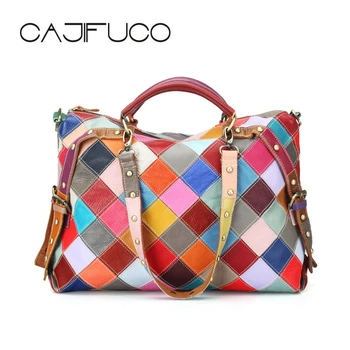 

Fashion Women Mulitcolor Leather Handbag Color Blocking Crossbody Bag With Studs Genuine Leather Matching Colorful Shoulder Bag