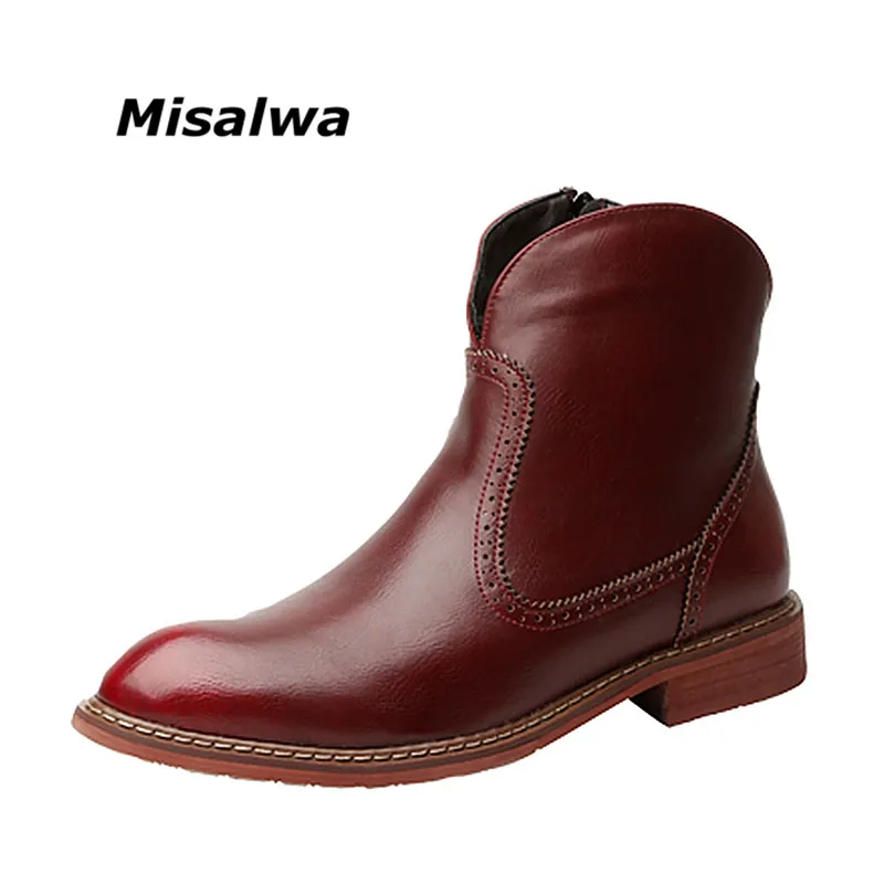 brown Brogue Zipper claret plush Black plush Vintage 2019 Brown Do Toe Inverno Botas Chelsea Esculpida À Misalwa Apontou Moda Para Boots Homens Claret Outono Ankle 8F14x4