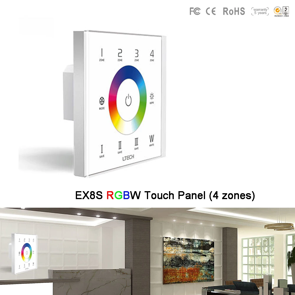 

EX8S Wall Mount 2.4G RF 4 zones RGBW led Touch Panel AC100~240V LED Switch Controller,F8 RGBW remote control,for RGBW led strip