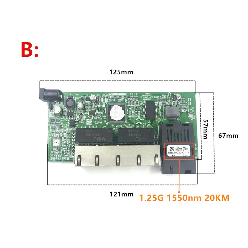 Обратное POE питание 10/100/1000 м гигабитный Ethernet коммутатор волоконно-оптический одиночный режим 4 RJ45 и 2 SC волоконный материнский плата 1.25g 20 км