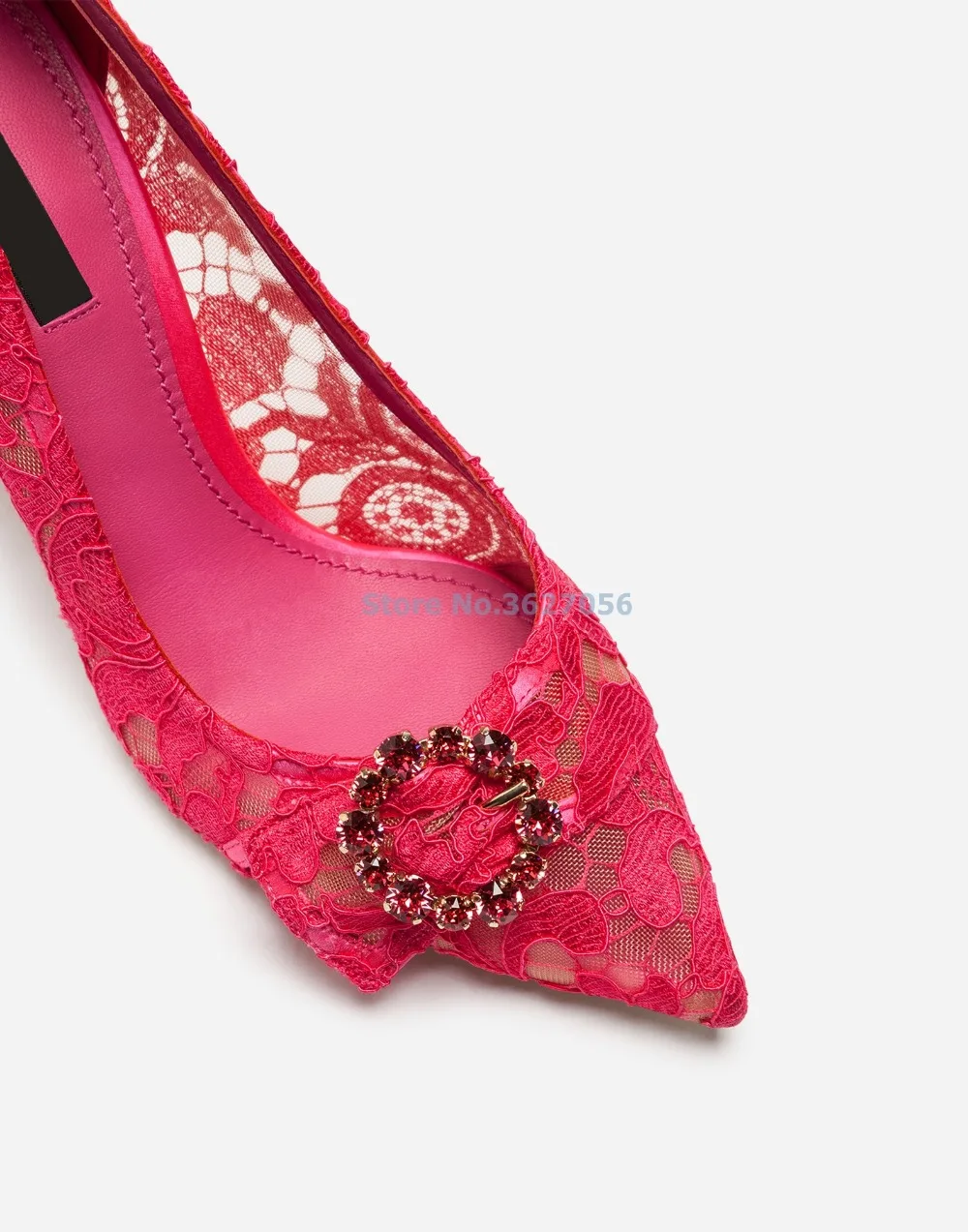

ALMUDENA Lace See-through Pointed Toe Shoes Glittering Rhinestone Buckle Thin High Heel Banquet Shoes Red Pink Sexy Pumps