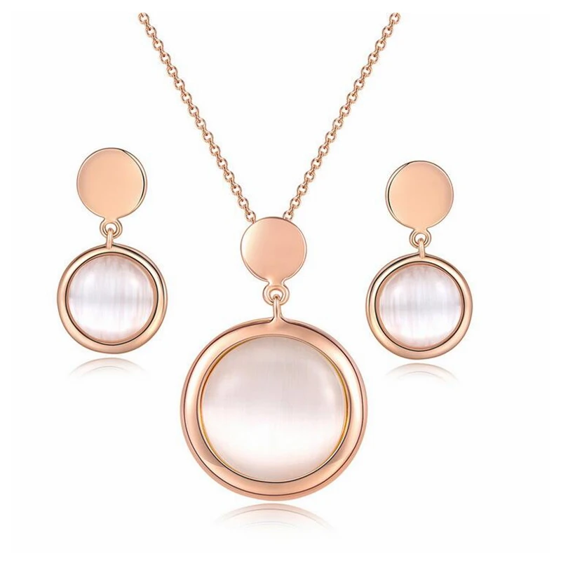 

Labekaka New Simple Cat's Eye Stone Earring Necklace Set Rose Gold colors Round For Women New Fashion Hot Sale Brand Jewelry