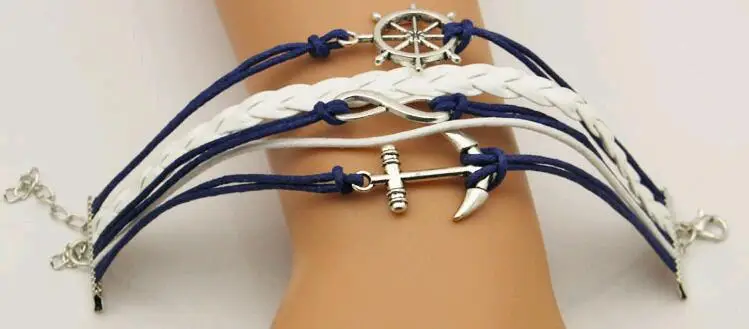 Diy ручное вязание модное старинное серебряное Якорь Руль с многослойным кожаным