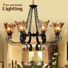 Mediterranean Amber Glass Iron Femininie Elegant Chandelier 8 Lights E14 Base Large European Living room Light Lobby CH060-8
