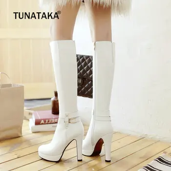 

Women Fashion Zipper Boots Pu Knee High Boots Platform Square High Heels Round Toe Autumn Winter Woman Shoes Plus Size 2018