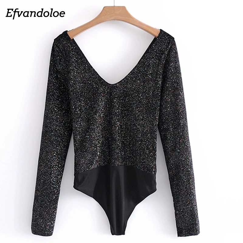 Efvandoloe Velvet Women Bodysuits Bodycon Slim Sexy sequin Jumpsuits Long Sleeve Bodysuit