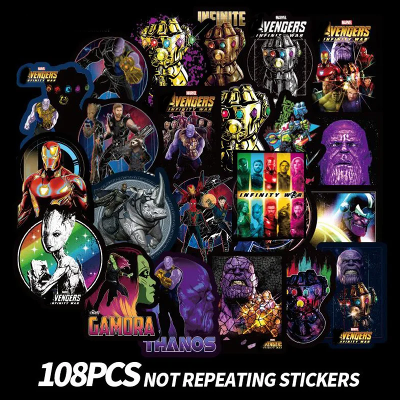 108PCS Famous Marvel Cartoon Movie AVENGERS Characters Stickers Toys for Sticker Decal Decoration to Laptop Skateboard Suitcase