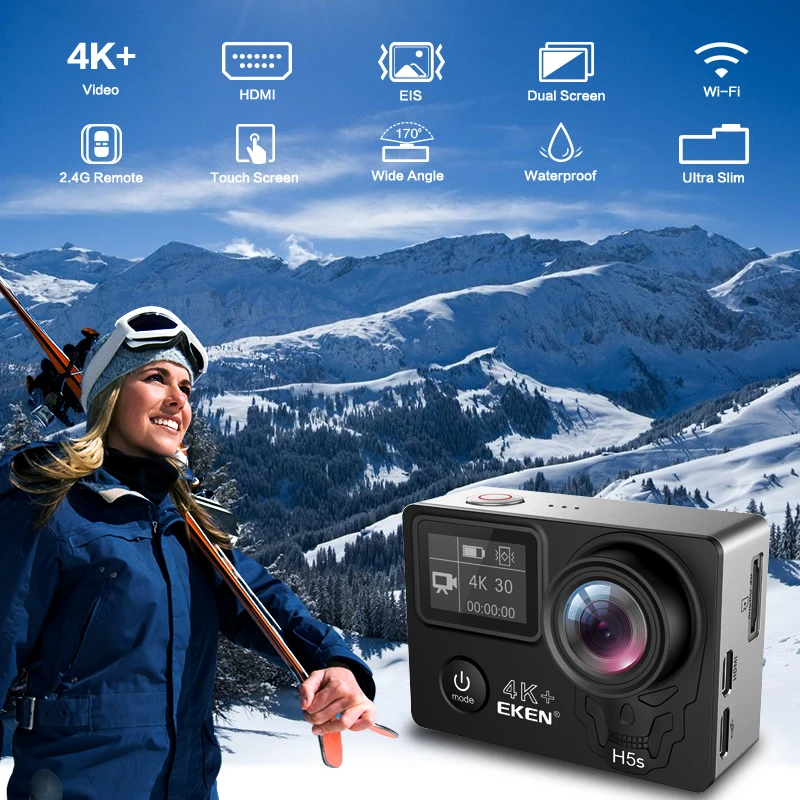 Pаспродажа Экшн камера EKEN H5S Plus HD 4K 30fps EIS с чипом Ambarella A12 внутри 30 м водонепроницаемая Спортивная камера с сенсорным экраном 2,0 дюйма