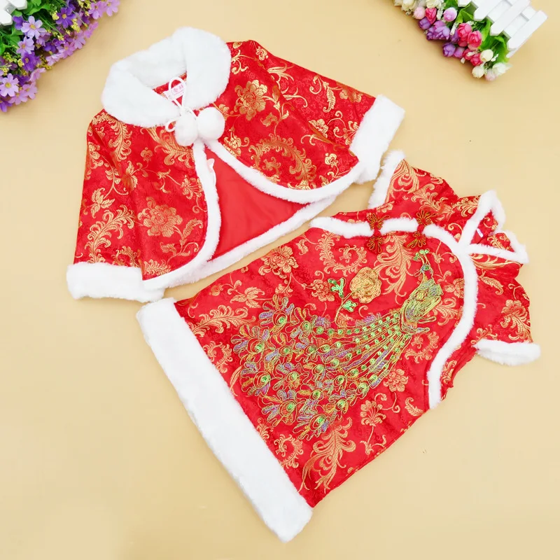 

Satin Children New Year Clothes Dress + Coat Embroidery Peacock Baby Girls' Tang Suit Cheongsam 2019 Spring Festival Shawl Set