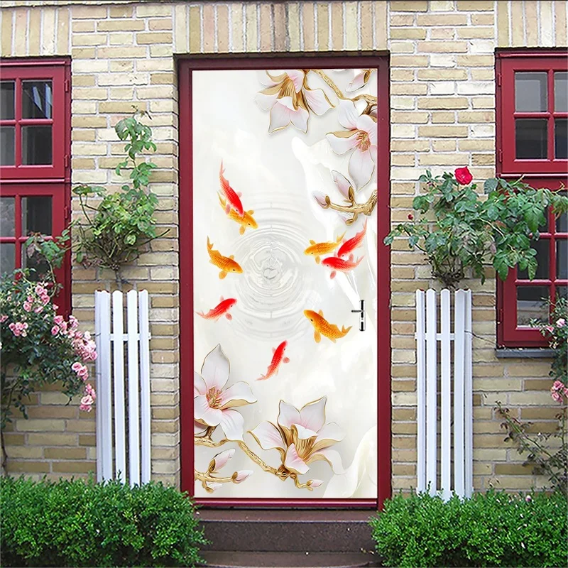 

Fish Flower Door Stickers European 3D Waterproof Living Room Bedroom Door 3D Removable Wallpaper Self Adhesive Wall Decals