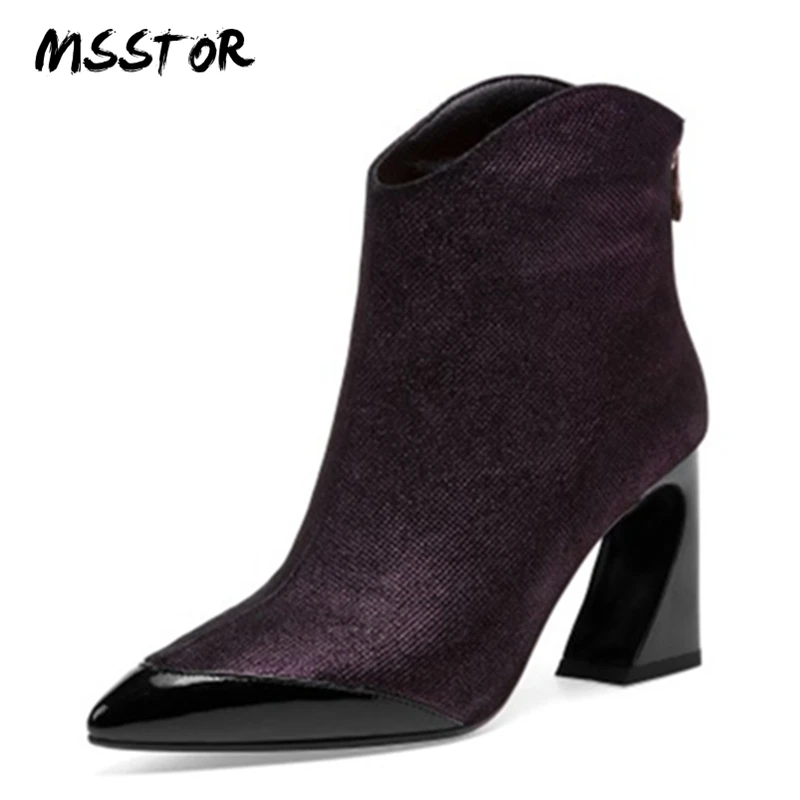 

MSSTOR Mixed Colors Leather Boots Women Zipper Pointed Toe High Quality Fashion Sexy Women Ankle Boots Hoof Heels High Heels